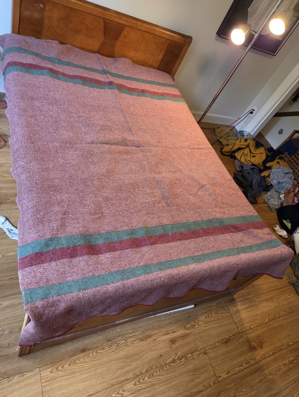 Vintage Kenwood Mills 100% Wool Blanket - Mauve Pink with Green & Maroon Stripes
